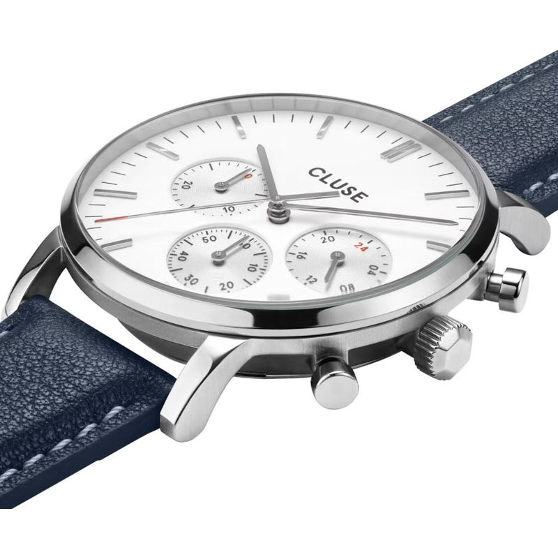 CLUSE Gift Set Aravis Chrono Silver/ Blue Leather and Silver Mesh Strap CG21004