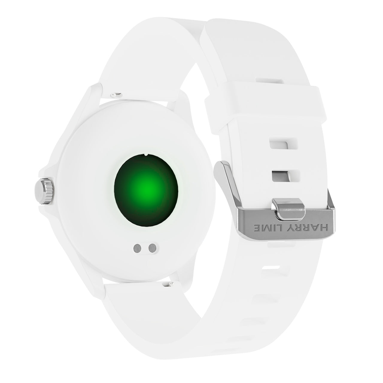 White smartwatch with a glowing green circular display.