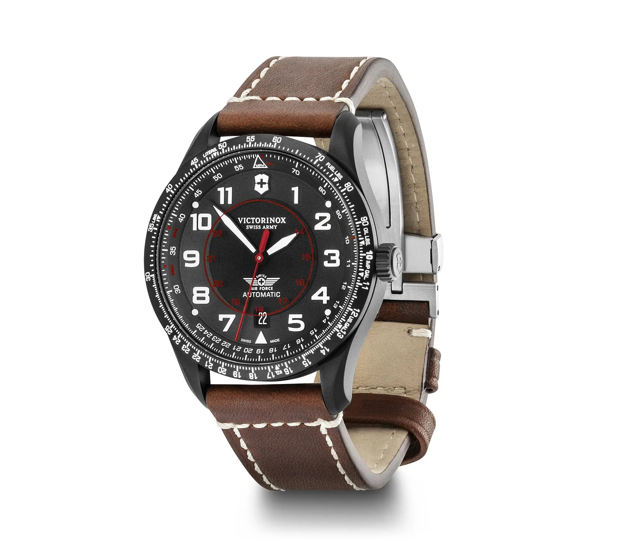 Wristwatch with a brown leather strap and black dial featuring white numerals.