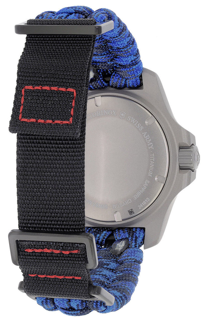 Wristwatch with a blue and black braided band and a gray metal case.