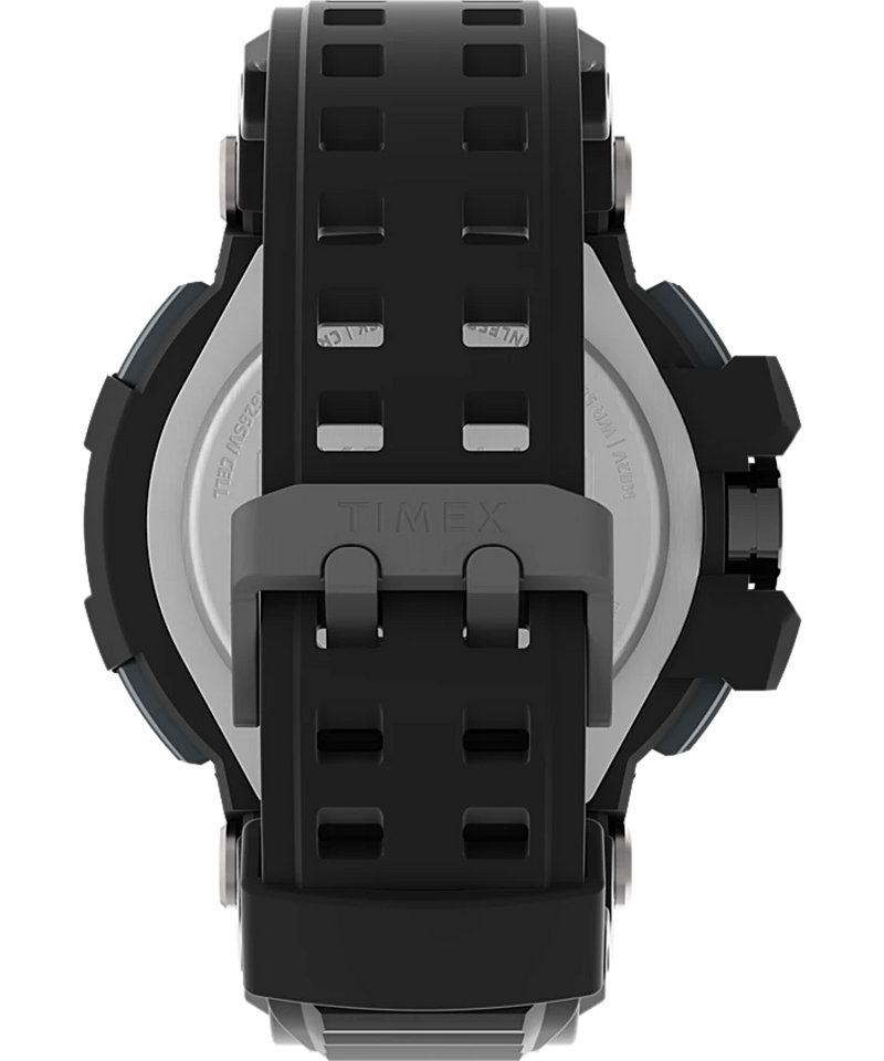 Digital sports watch with a black rubber strap and round face.