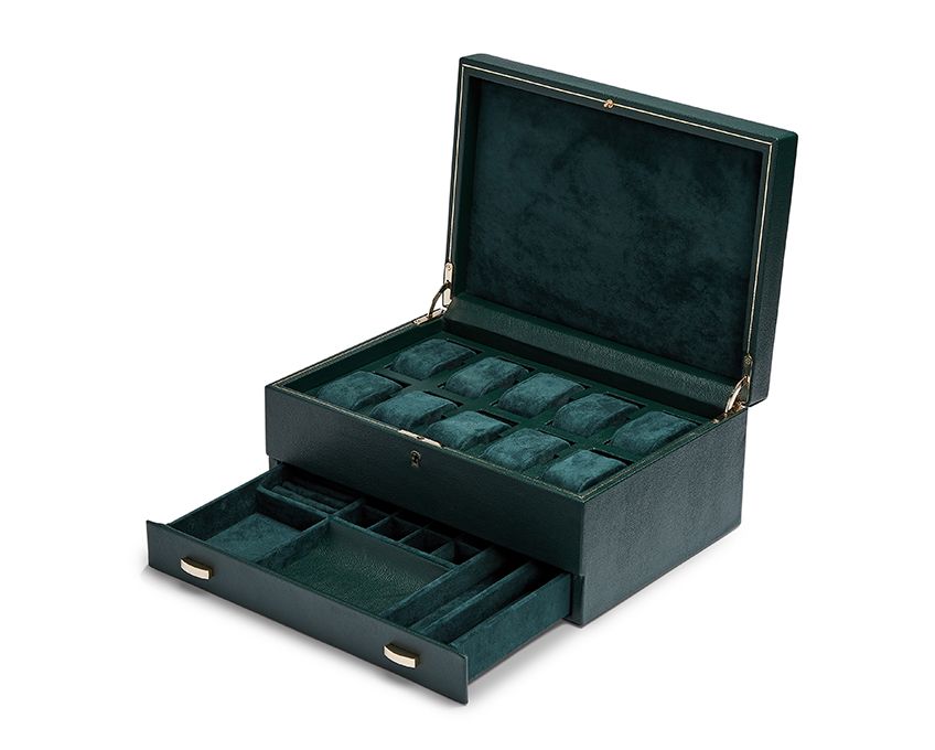 Wolf British Racing Green 10 Piece Watch Box with Storage 792841