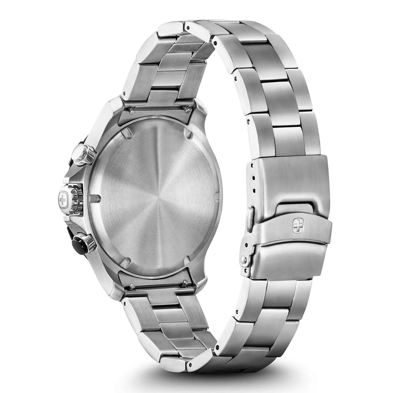 Stainless steel wristwatch with a metal link bracelet and chronograph features.