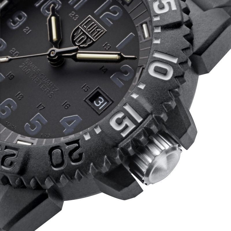Rugged black wristwatch with luminous hands and a rotating bezel.