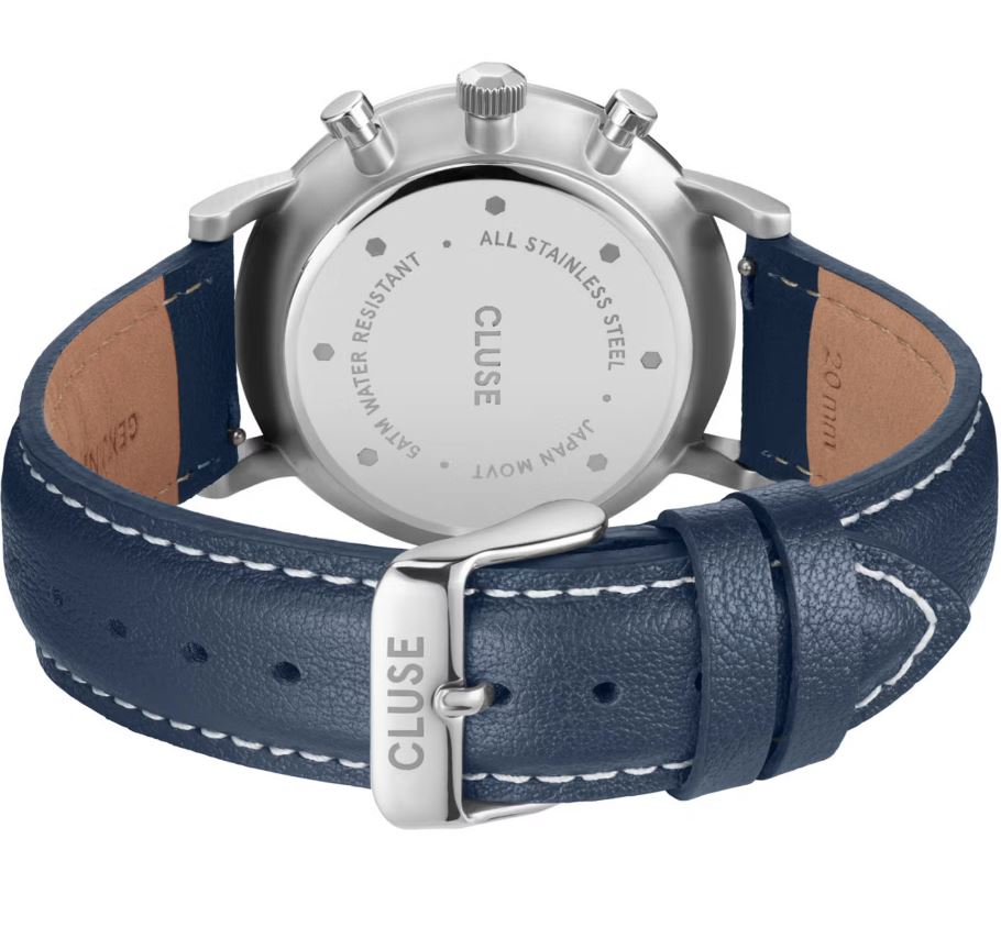 CLUSE Gift Set Aravis Chrono Silver/ Blue Leather and Silver Mesh Strap CG21004
