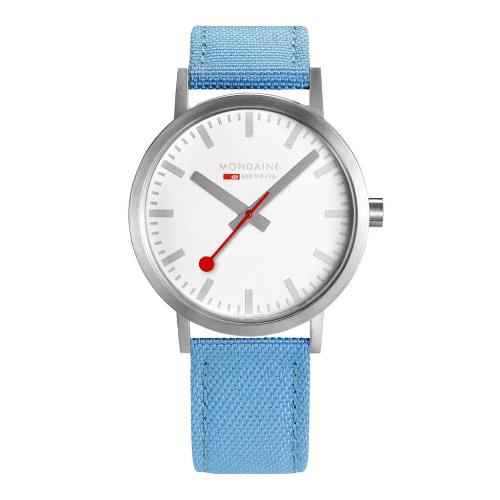 Wristwatch with a white face, silver case, and light blue fabric strap.