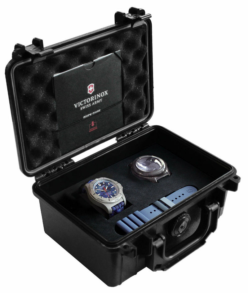 Protective case containing a Victorinox Swiss Army watch and accessories.