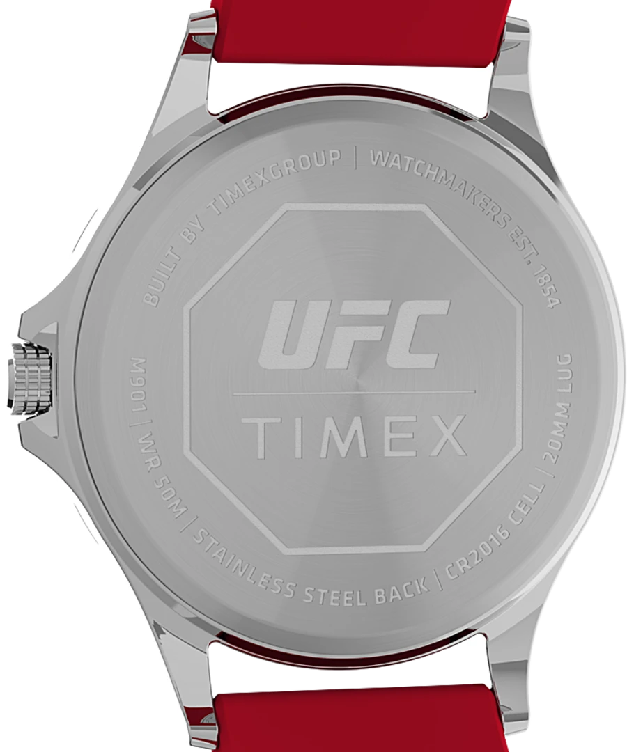 Back of a UFC-branded Timex watch with a red strap.