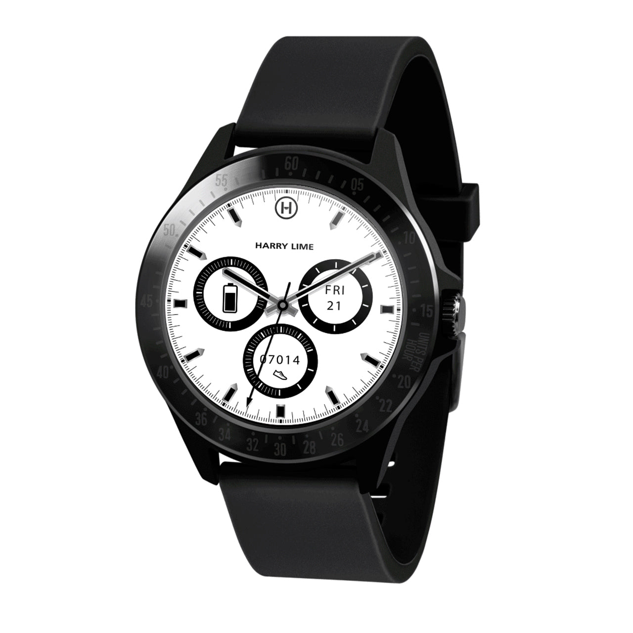 Sleek black wristwatch with a white dial and multiple subdials.