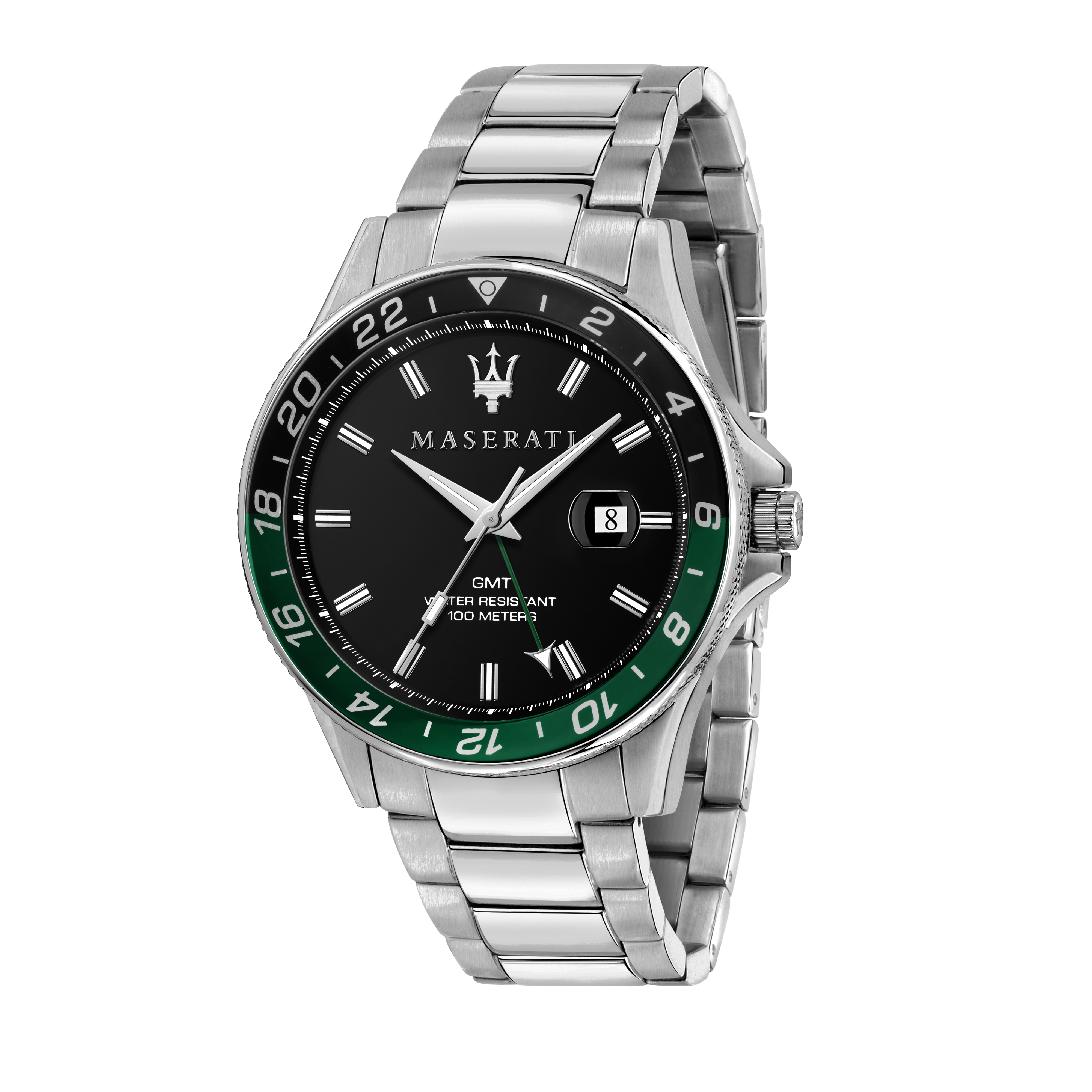 Maserati wristwatch with a black dial and green-black bezel on a silver metal bracelet.