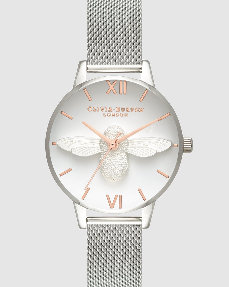 Olivia Burton 3D Bee Silver Mesh Watch Watch Direct