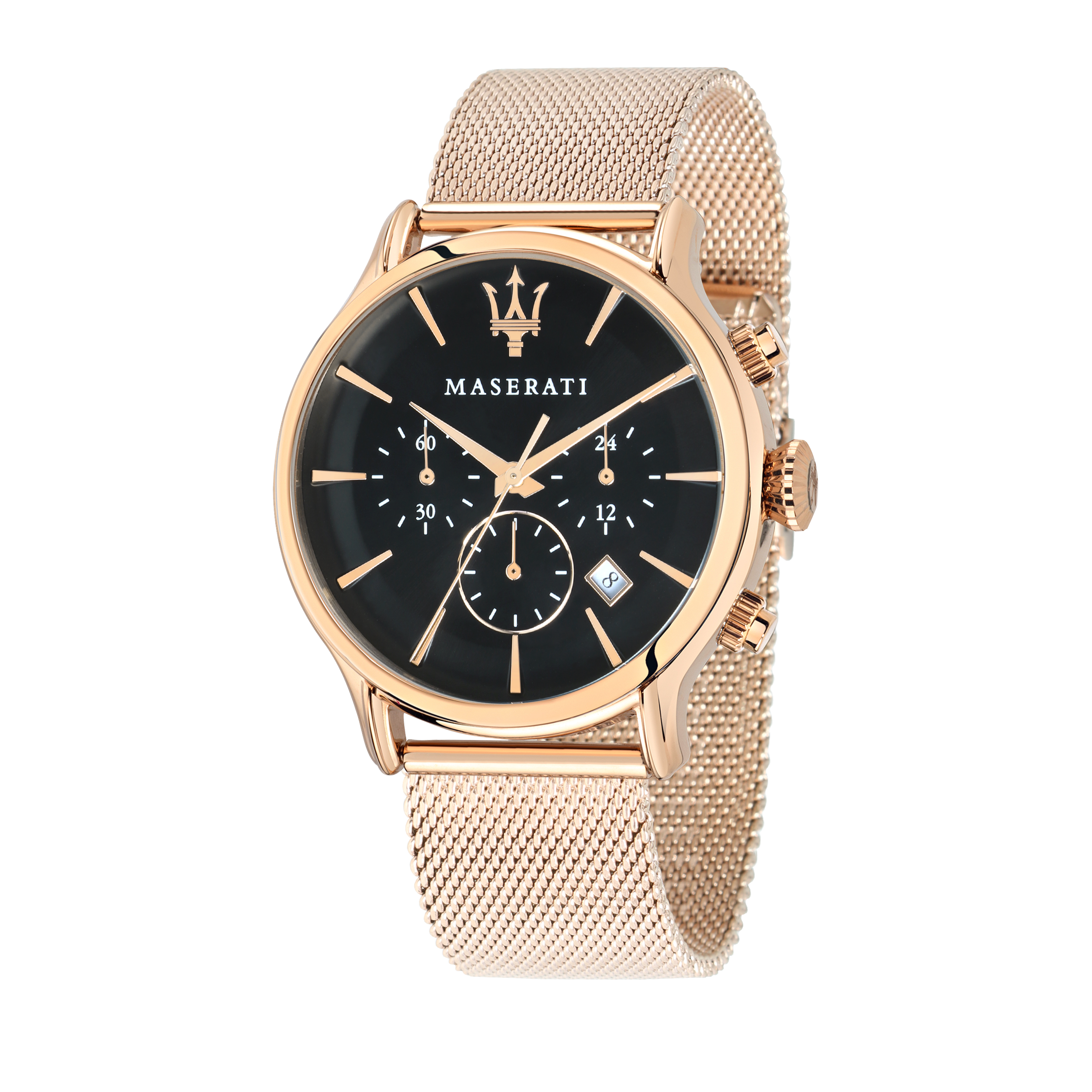 Elegant gold-toned Maserati wristwatch with a black dial and mesh band.