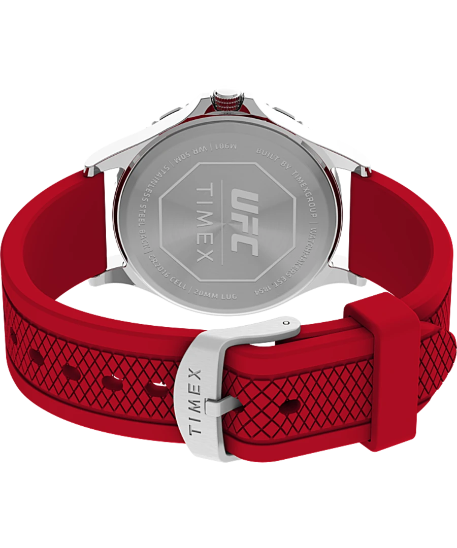 Wristwatch with a red silicone strap and silver-toned case.