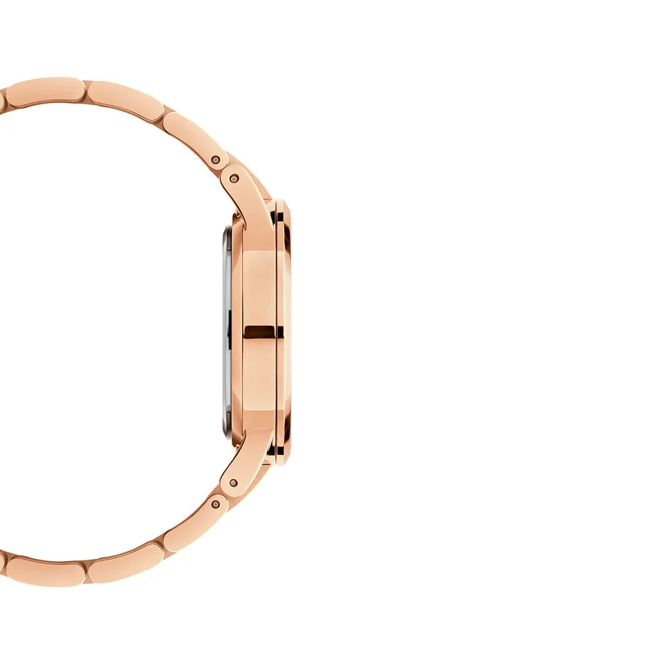 Rose gold wristwatch with a sleek metal band and minimalist design.
