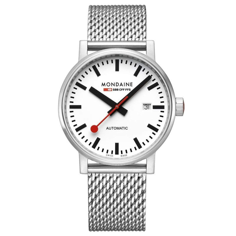 Sleek silver wristwatch with a white face and red second hand on a mesh metal band.