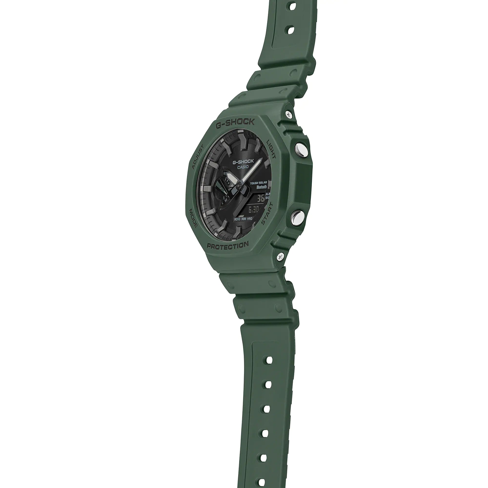 Green digital wristwatch with a round face and rugged design.
