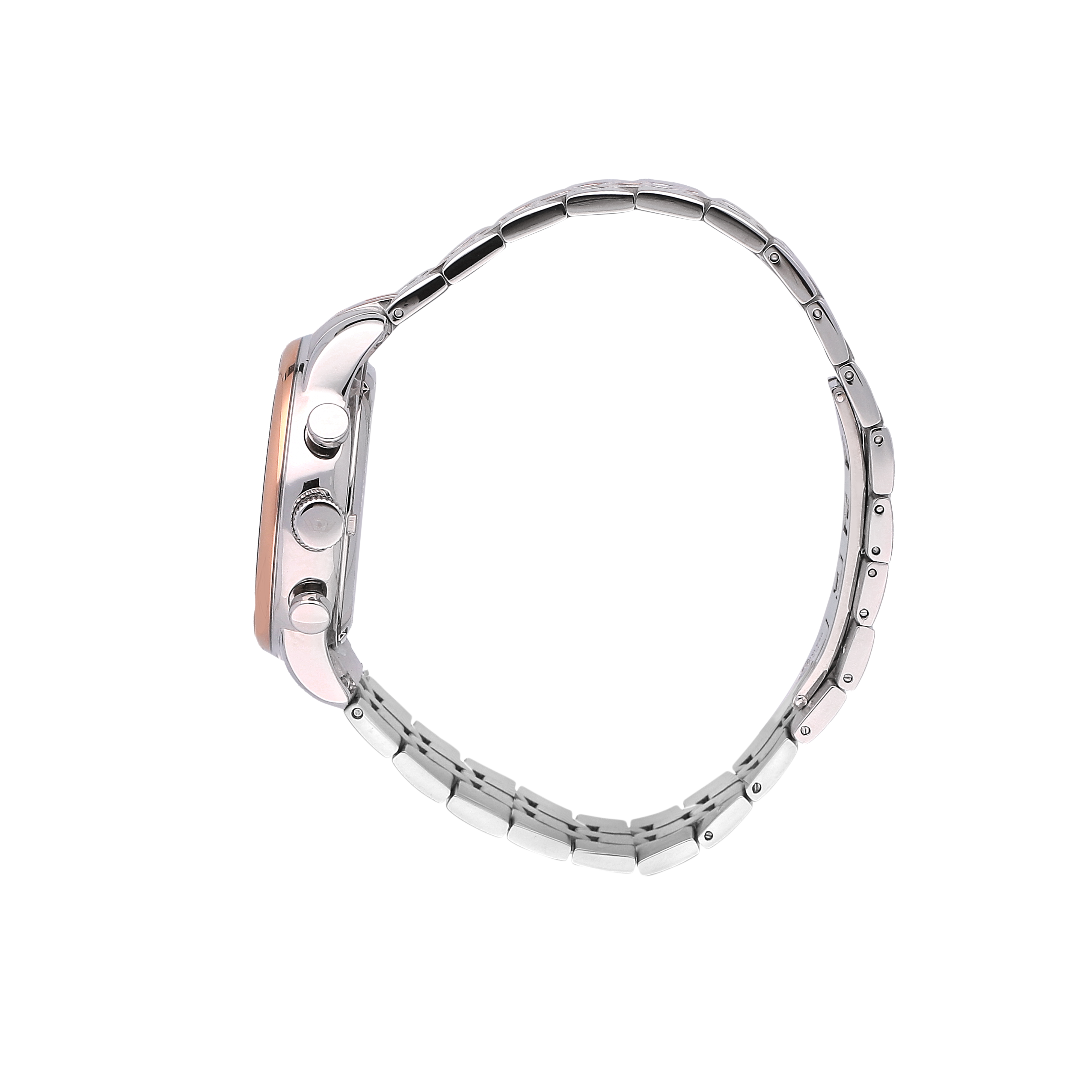 Stainless steel wristwatch with a rose gold-colored bezel and white dial.