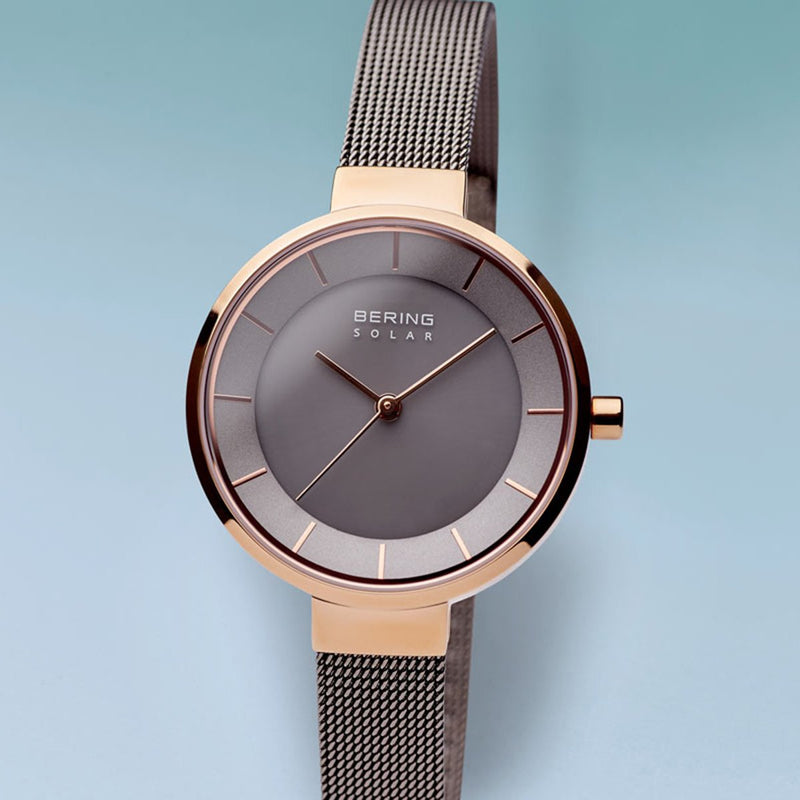 Bering Slim Solar Polished Rose Gold Grey Mesh Watch