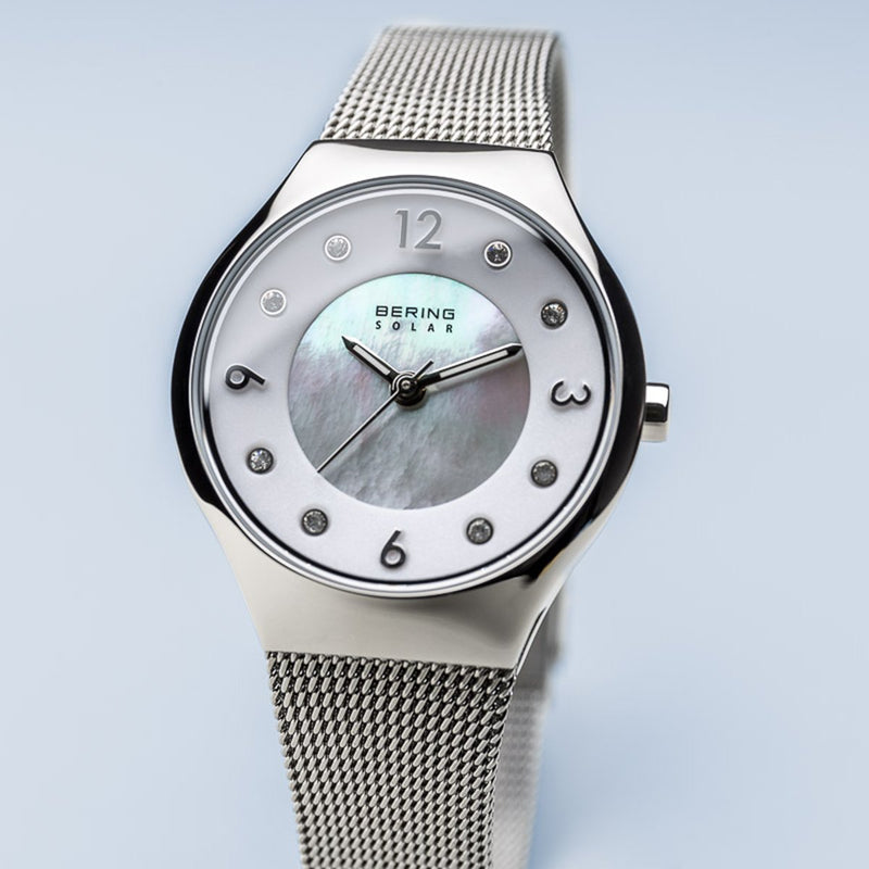 Bering Solar Polished Silver Mesh Watch