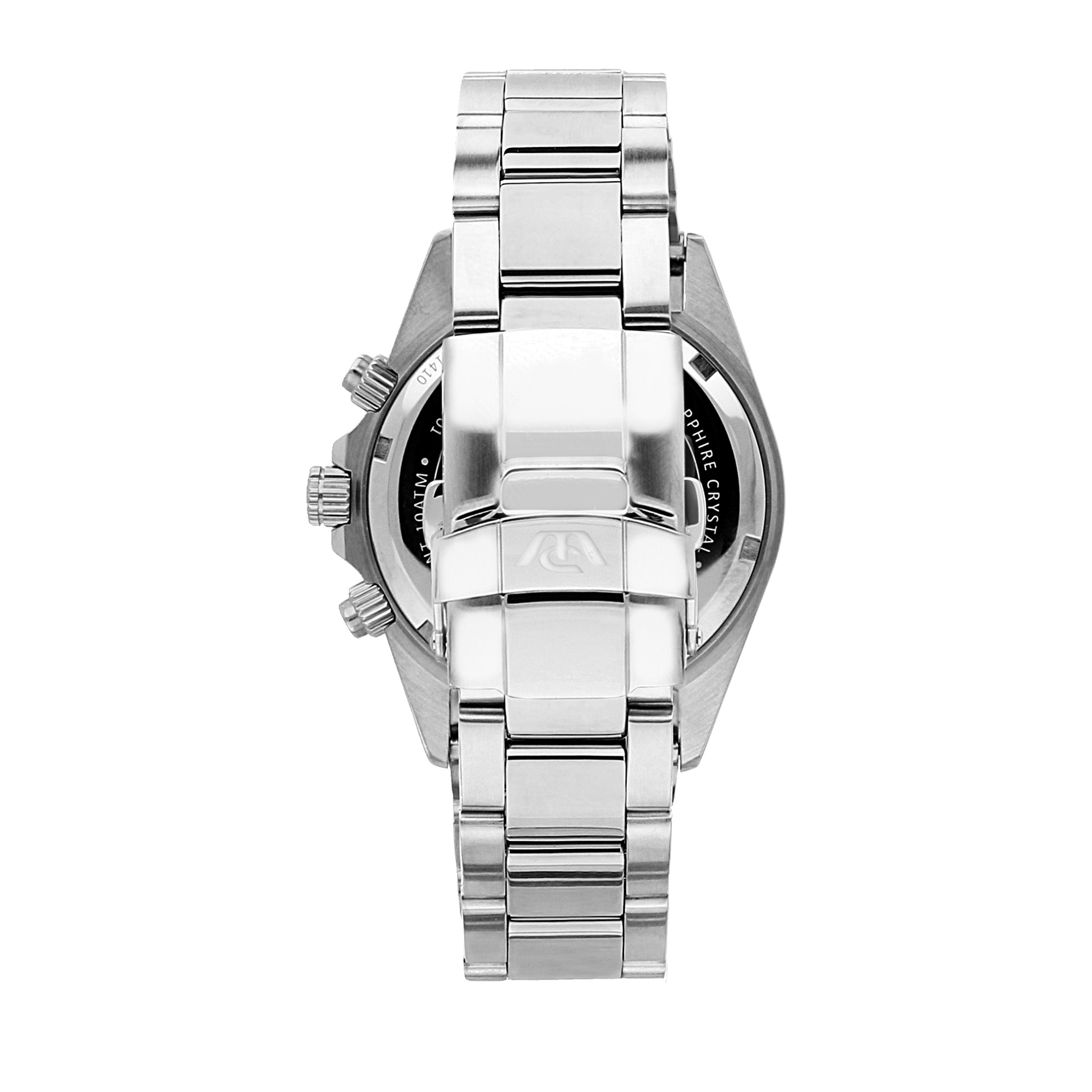 Stainless steel wristwatch with a metal bracelet, viewed from the back.