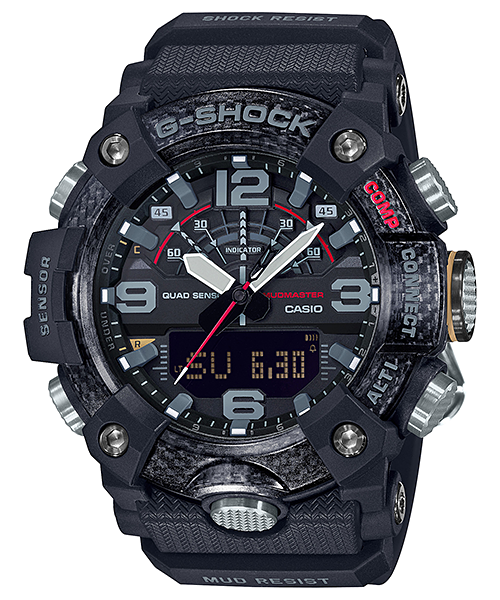 Rugged black G-Shock watch with analog and digital displays, featuring red accents and multiple buttons.