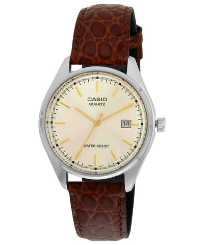 Casio Quartz Gold Dial Brown Leather Strap Mens Watch