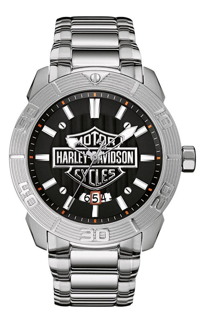 Harley-Davidso Mens Buloval Watch, Embossed Bar & Shield Stainless Steel 76B169