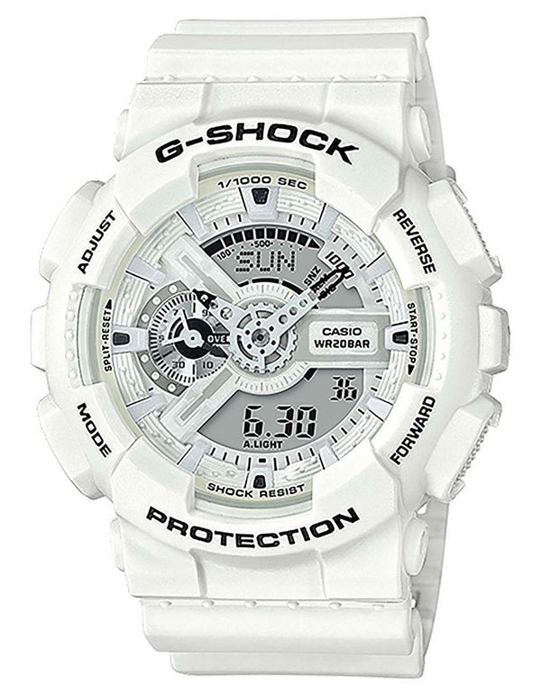 White G-Shock digital wristwatch with a complex display face.