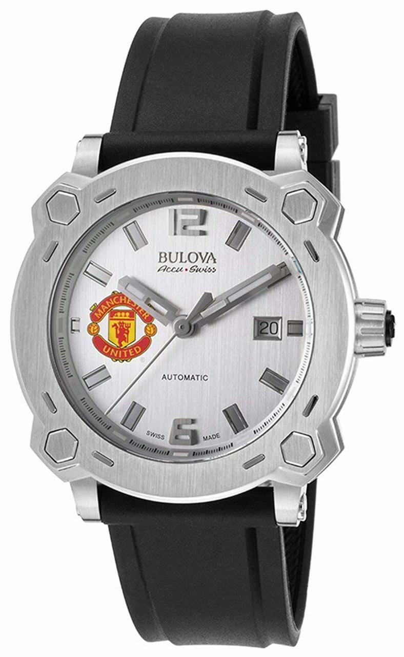 Mens Bulova Watch Stainless Steel Accuswiss Automatic W/ Silver Dial And Manchester United Crest