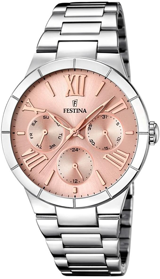 Elegant Festina Women's Watch with Pink Dial, Silver Stainless Steel Band, and Day-Date Calendar