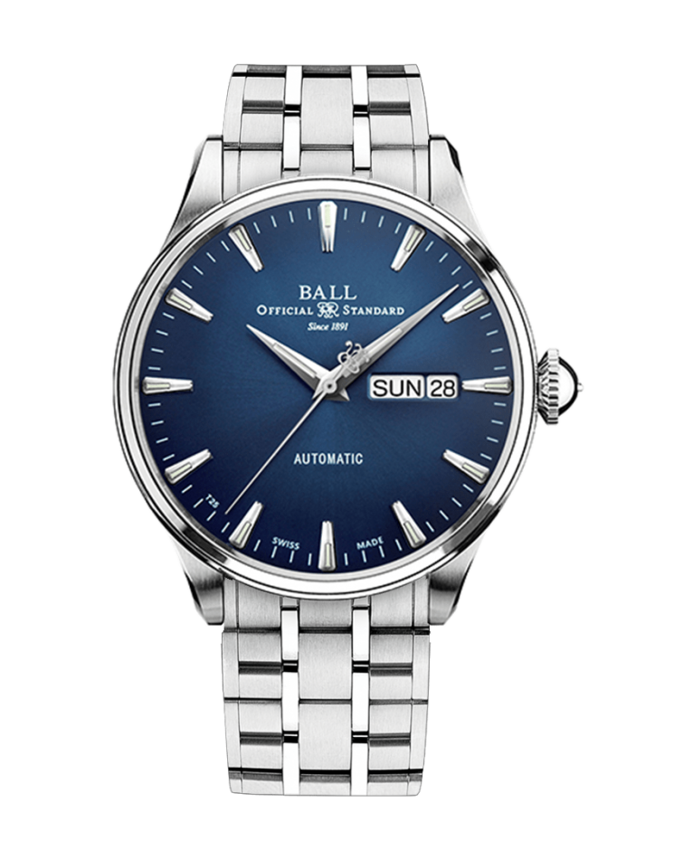 Stainless steel wristwatch with a blue dial and day-date display.