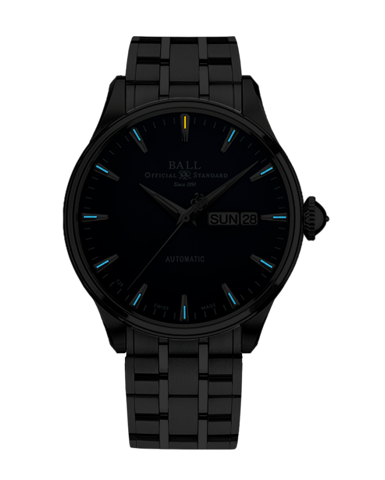Black wristwatch with a metal link bracelet and minimalist dial design.