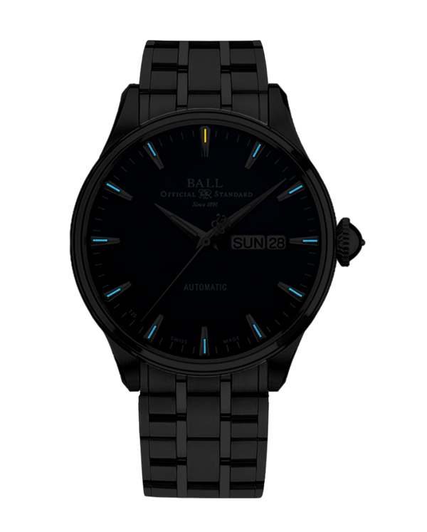 Black wristwatch with a metal link bracelet and minimalist dial design.