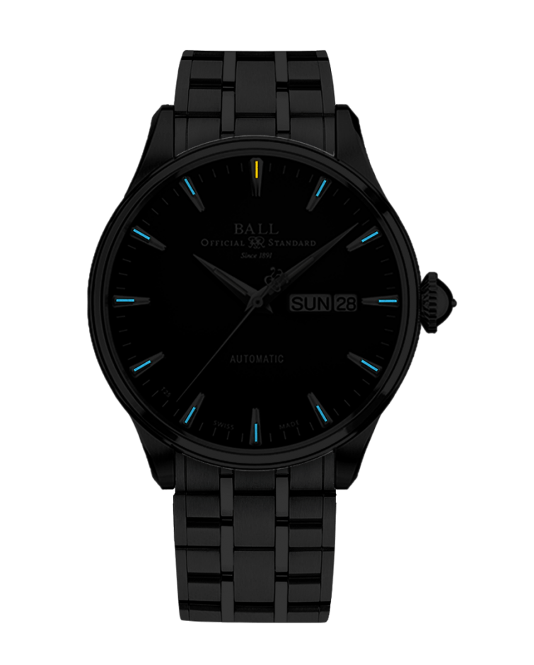Black wristwatch with a metal bracelet and minimalist dial design.