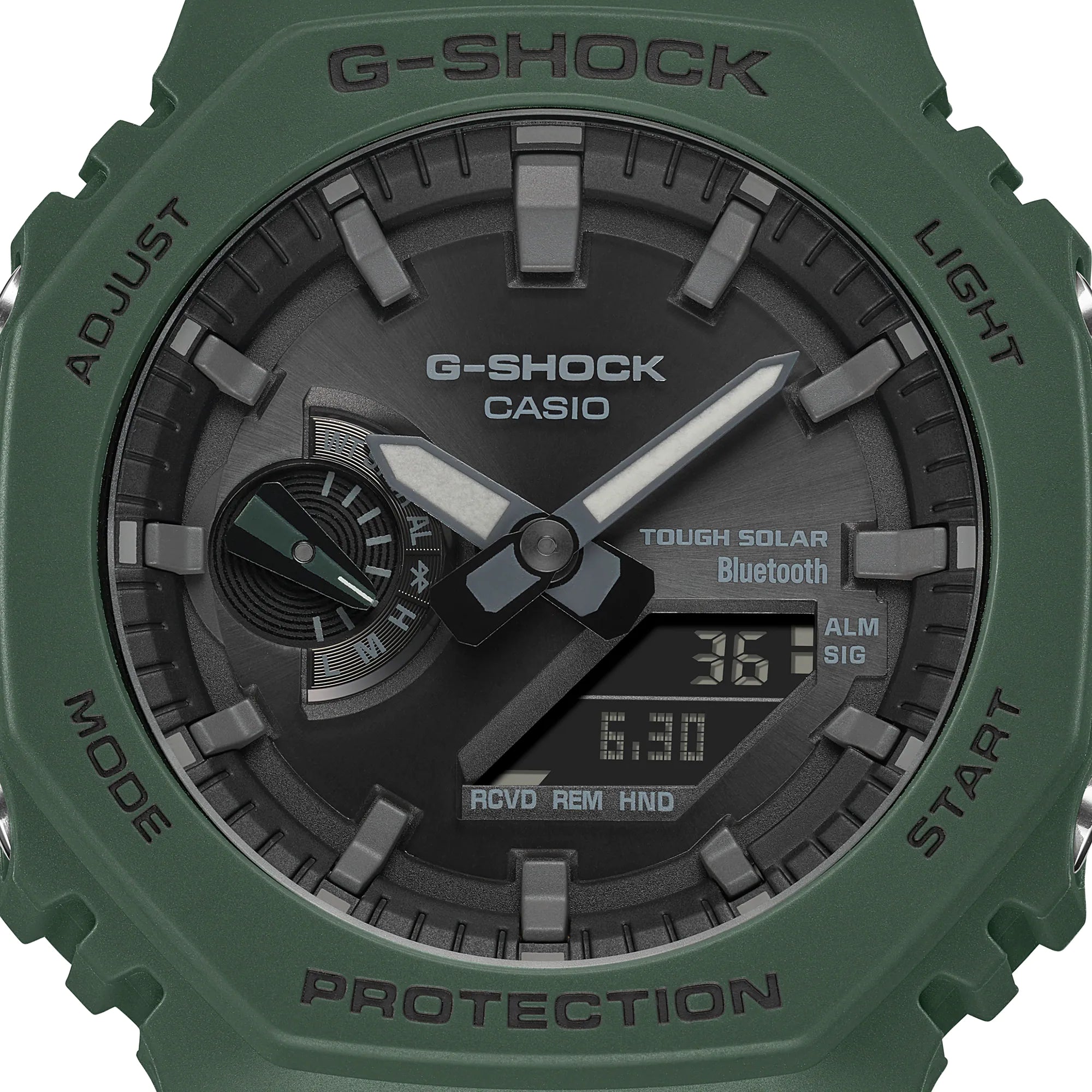 Green G-Shock watch with a digital-analog display and rugged protective casing.
