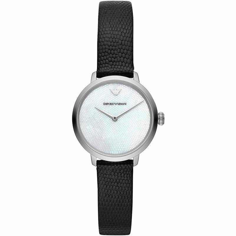 Emporio Armani Women's Elegant Black Leather Watch with Pearl Dial AR11159