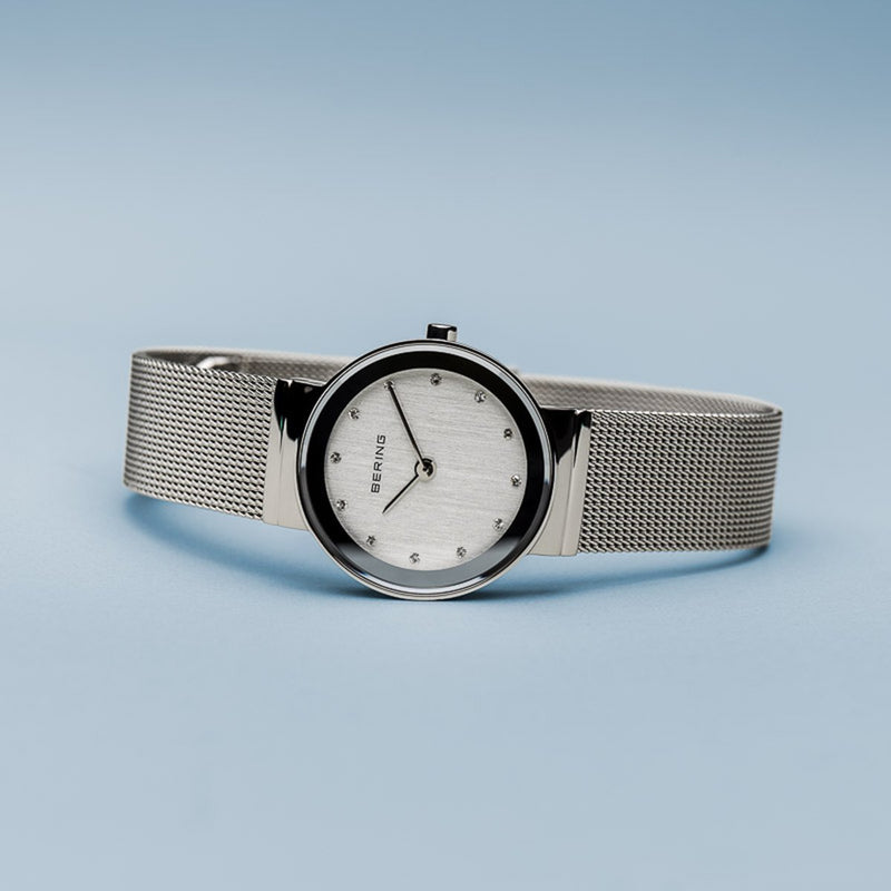 Bering Classic Polished Silver Mesh Swarovski Watch