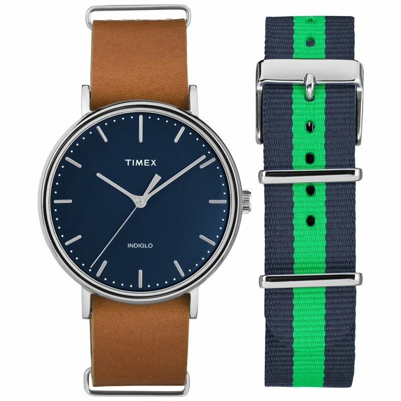 Timex Fairfield Brown Leather Band + Blue/Green Slip-Thru Strap Mens Watch - Twg016300