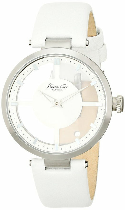 Kenneth Cole New York Womens Kc2609 "Transparency" Stainless Steel Watch With White Leather Band
