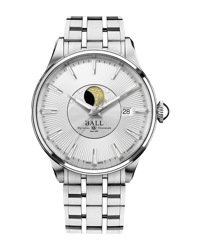Elegant silver wristwatch with a moon phase complication and date display.