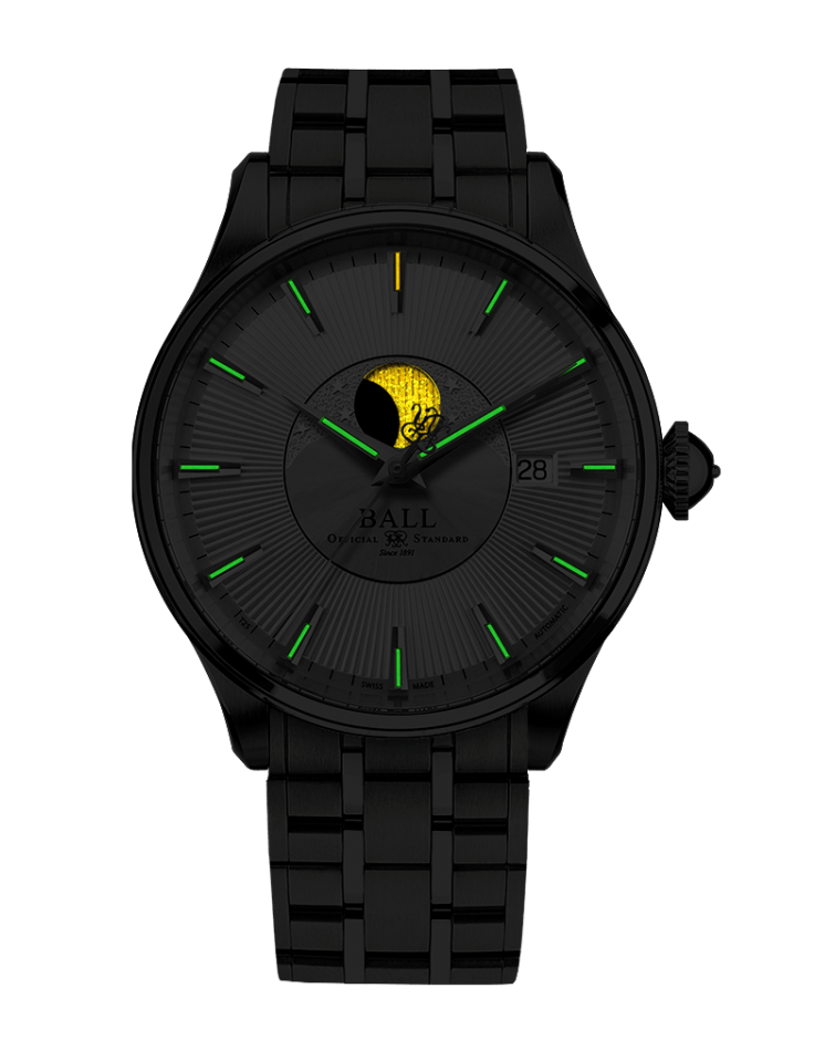 Black wristwatch with a moon phase complication and green hour markers.