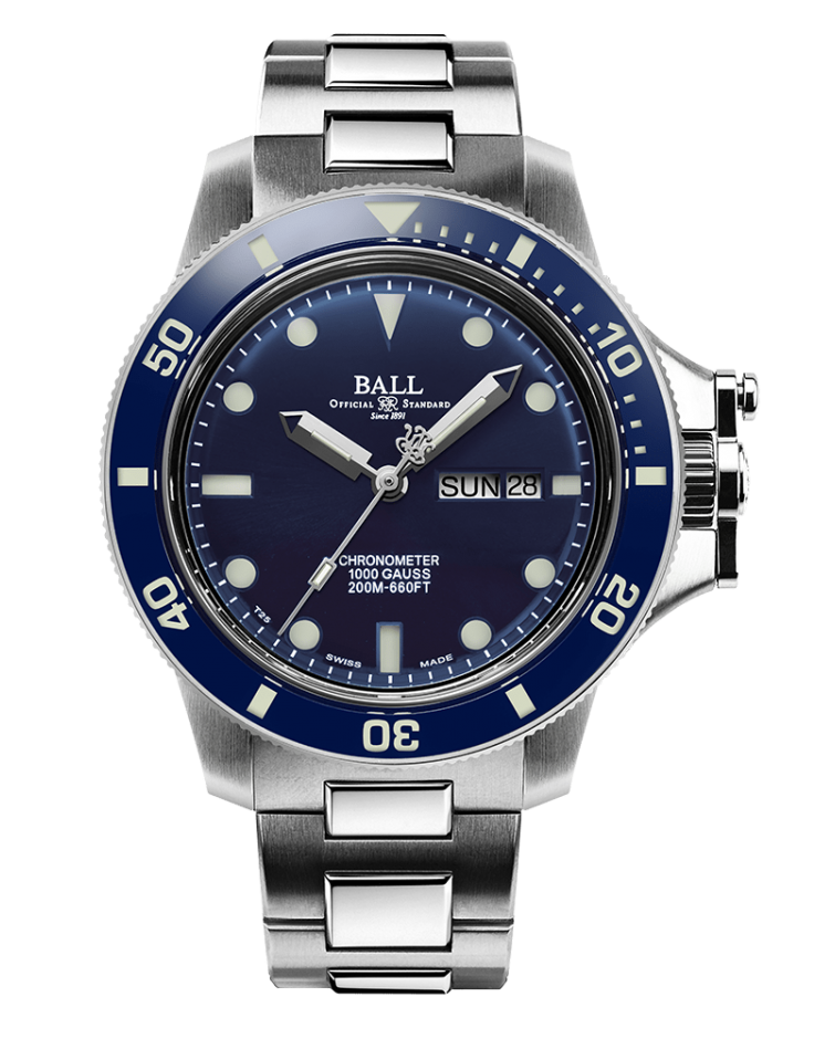Stainless steel dive watch with a blue dial and bezel from Ball Watch Company.