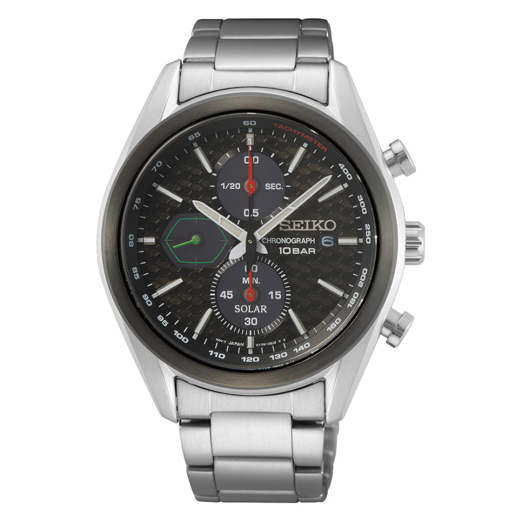 Seiko chronograph wristwatch with a black dial and stainless steel bracelet.