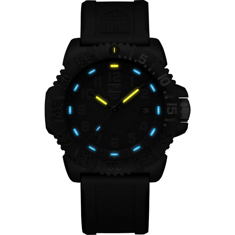 Black wristwatch with glowing blue and yellow markers on the dial.