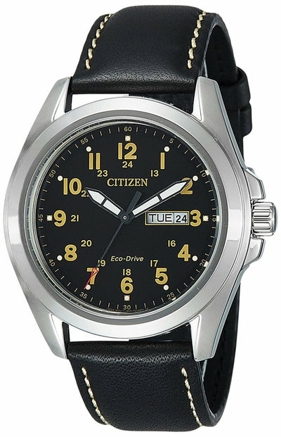 Citizen Eco-Drive Stainless Steel Black Leather Mens Watch