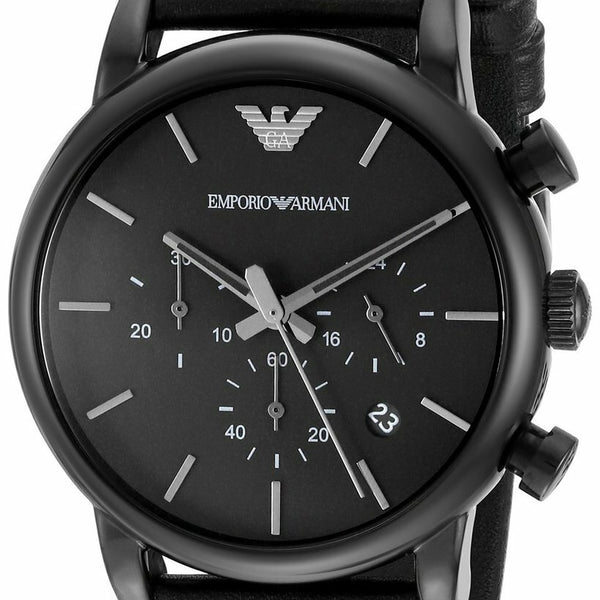 Emporio Armani Leather Strap Black Chronograph Watch for Men SKU EA104 Watch Direct