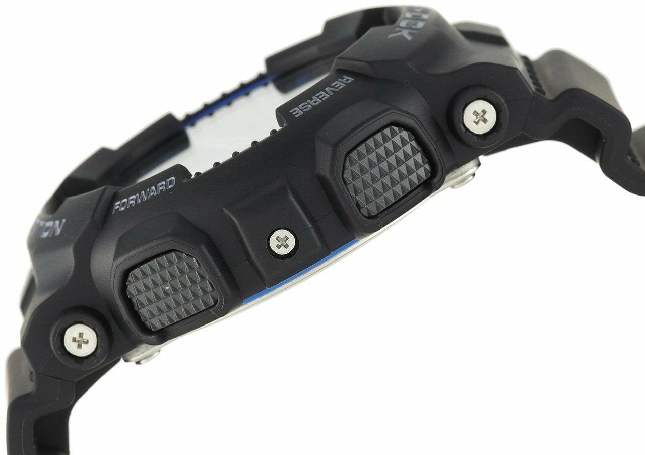 Rugged black digital wristwatch with multiple buttons and a textured surface.