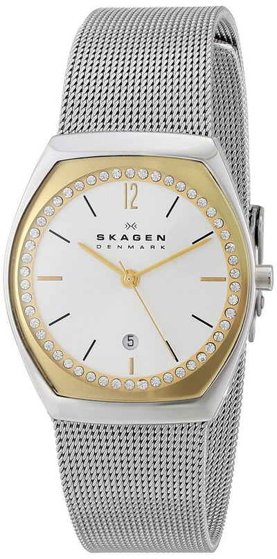 Skagen Asta Silver And Gold Dial Stailess Steel Mesh Ladies Watch
