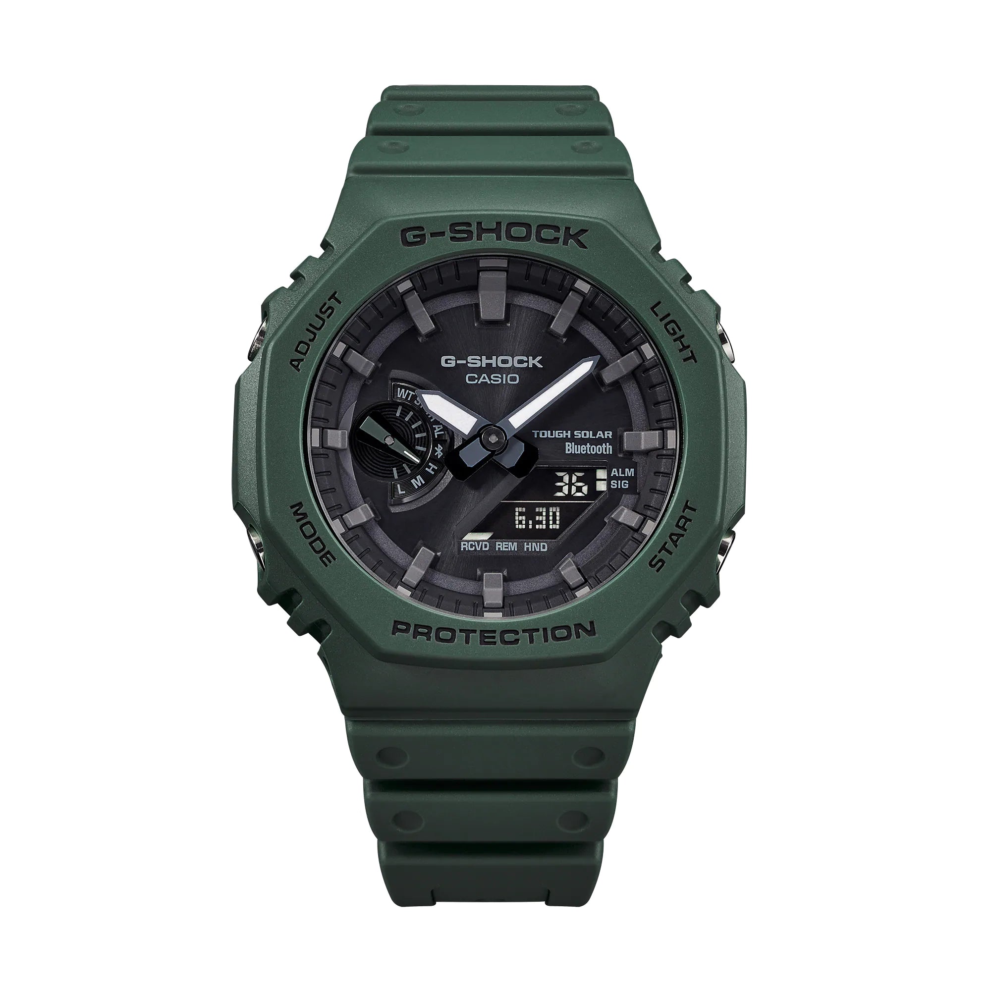 Green G-Shock wristwatch with a dark face and digital display.
