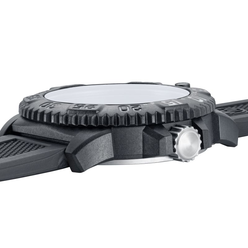 Side view of a rugged wristwatch with a textured bezel and crown.